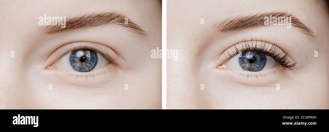Before and after eyelash extension procedure. Beautiful and expressive