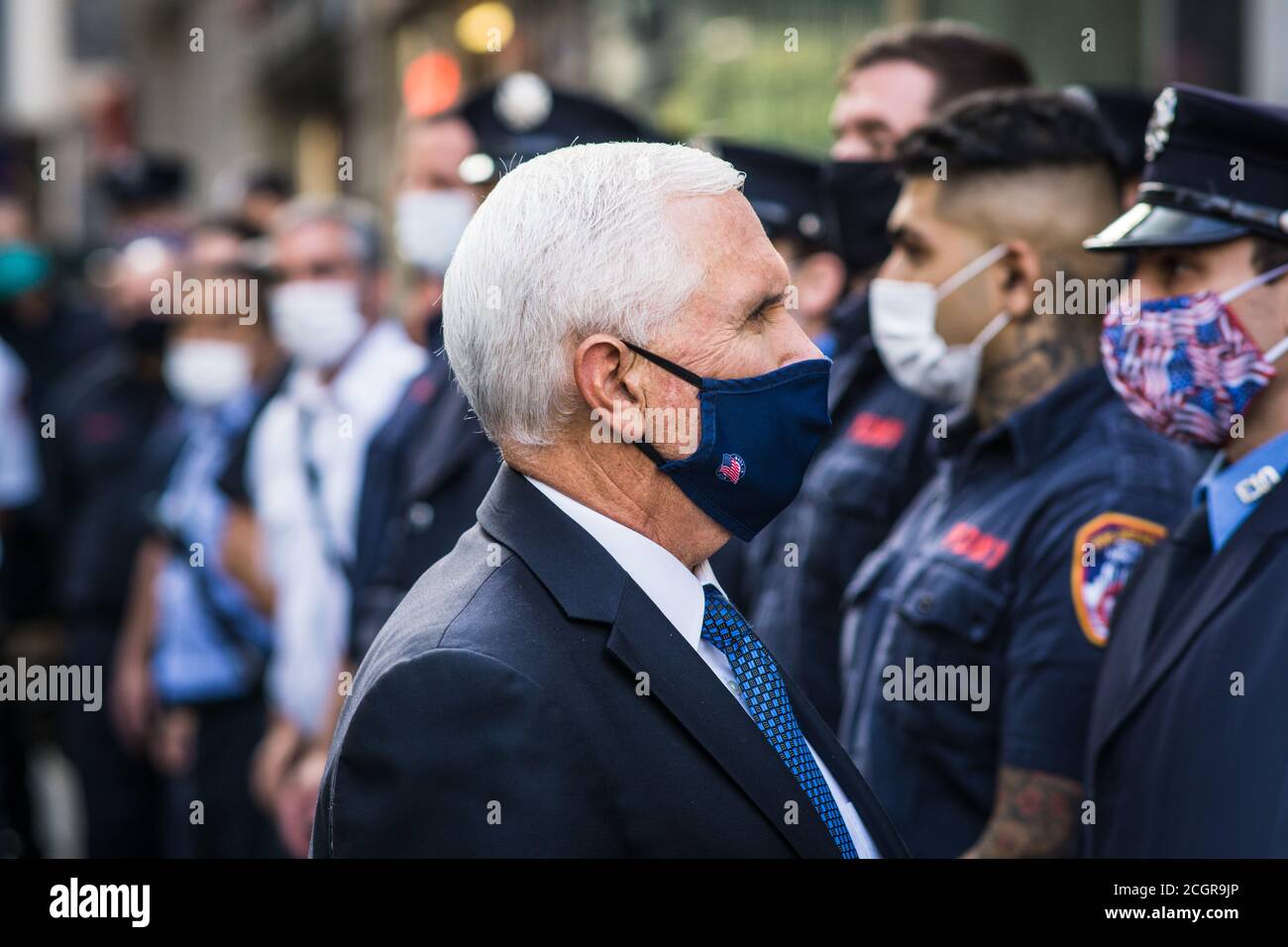 United States Vice President Mike Pence visits September 11 Memorial and FDNY Firehouse in NYC to honor first responders. Stock Photo