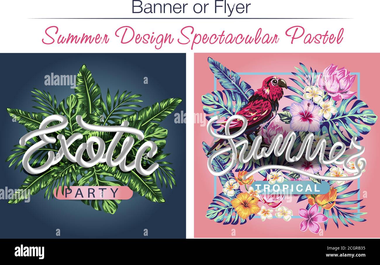 Banners with stylized tropical plants, leaves and flowers. template for ...