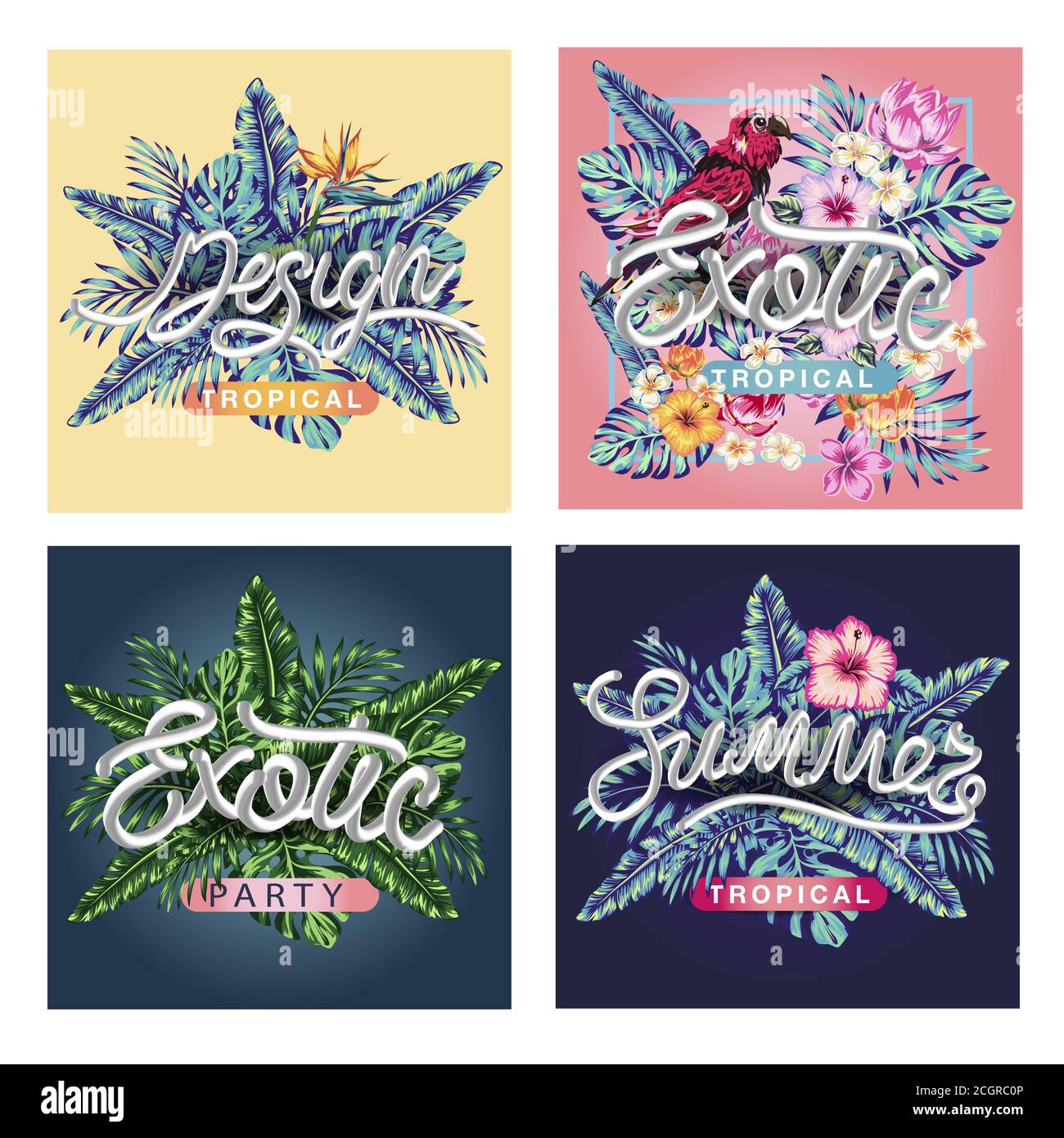 Banners with stylized tropical plants, leaves and flowers. template for ...