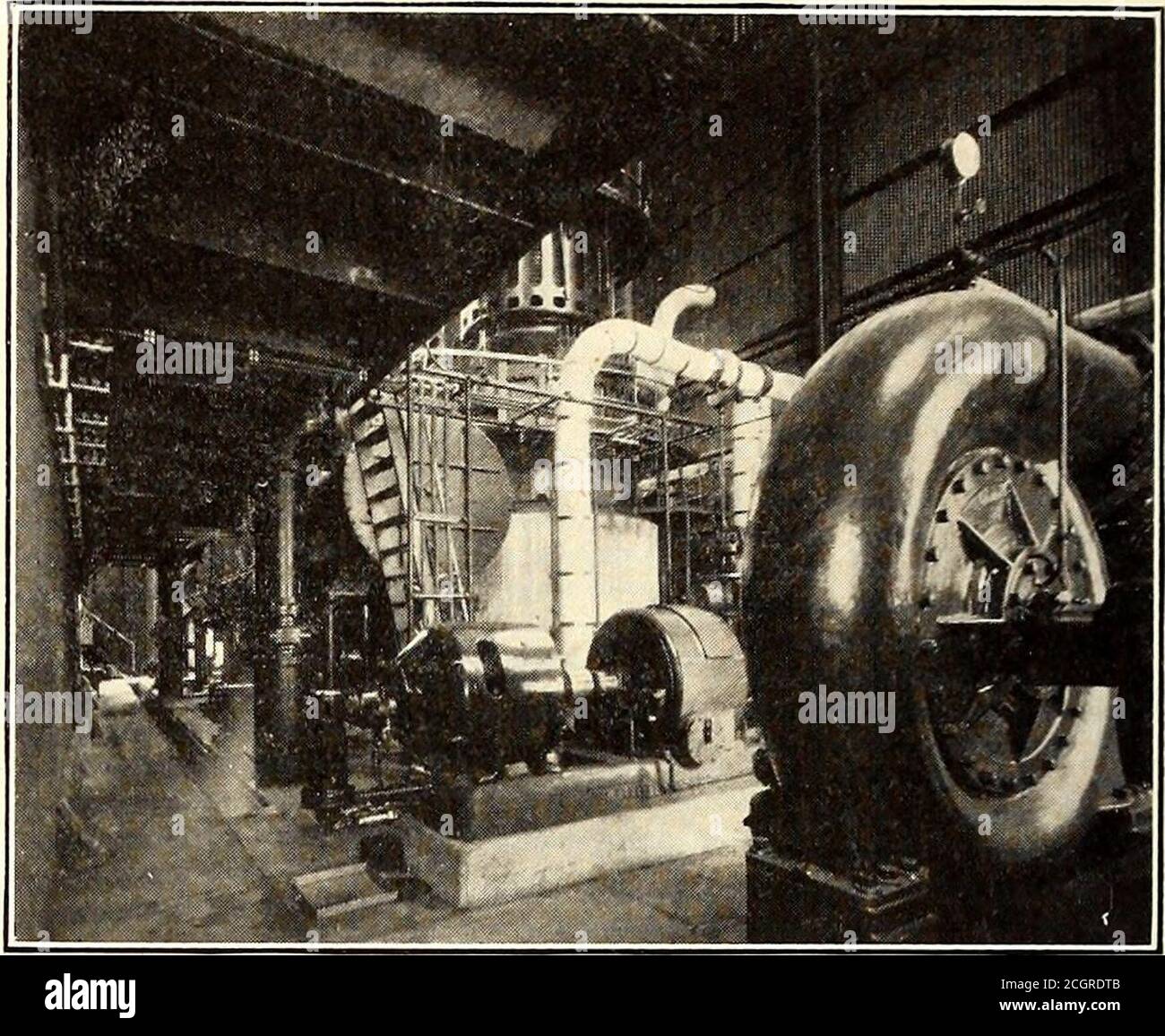 . The Street railway journal . platform in the section containing the turbines and auxil-iaries. This comprises the following: Two four-stage,75-kw, 2400-r. p. m., 120-volt Curtis turbo-generators forexciting the large turbines; two 25-cycle, 2000-kw air-blasttransformers now arranged for 2300 volts primary and 19,-100 volts secondary; two 25-cycle, 5-5o-kw air-blast trans-formers to step-down from 19,100 volts primary to 430 volts. IX THE BOILER ROOM CONDENSING AND FEED-WATER APPARATUS SECTION side end packed plunger type with pressure pattern waterends, the water valves being of the brass wi Stock Photo