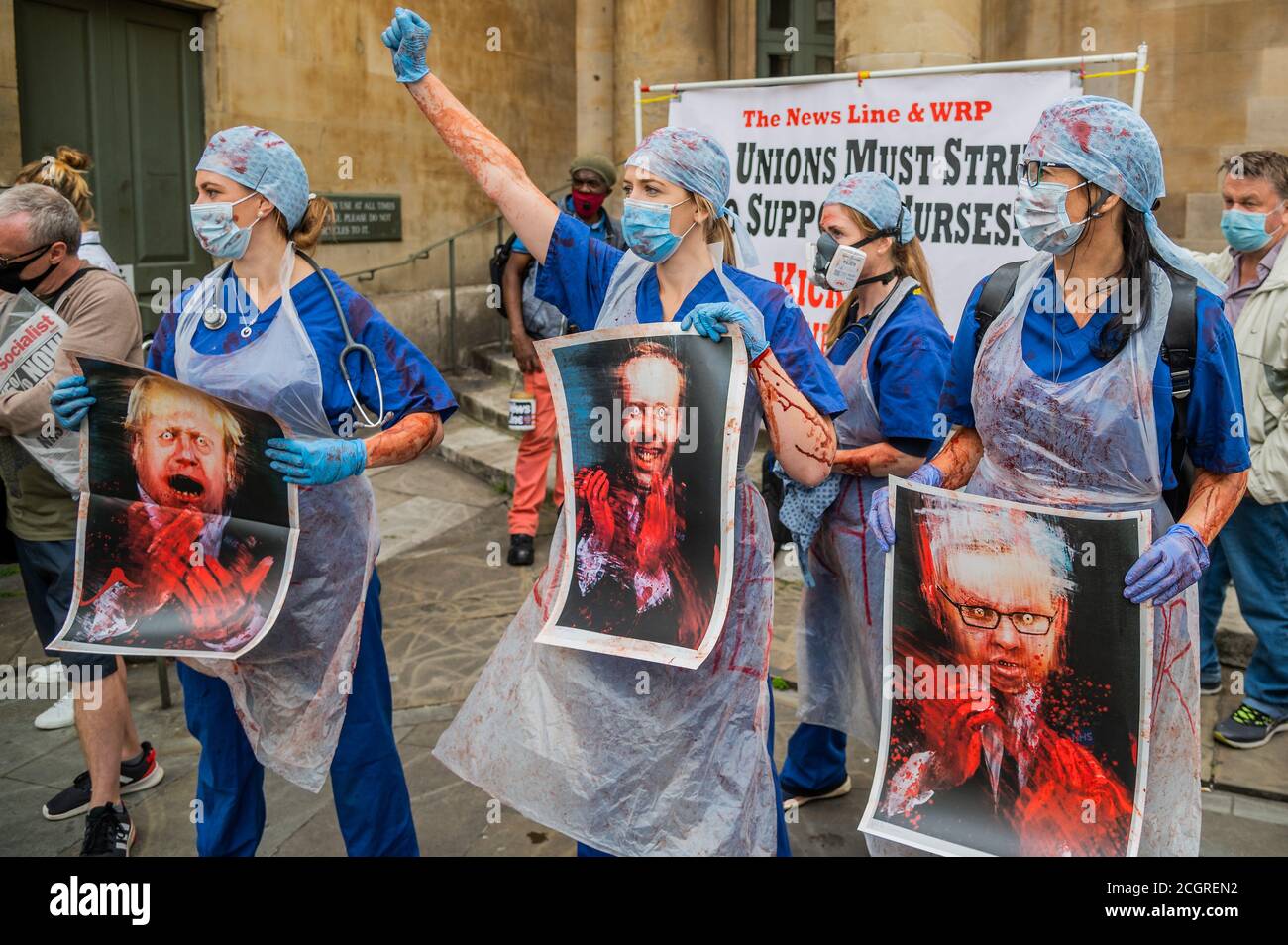 London, UK. 12th Sep, 2020. Nurses carry cartoons of Boris Johnson, Michael Gove and Matt Hancock, all with blood on their hands - NHS workers march for a 15% pay increase and to highlight the 640 deaths of colleagues as a result of the pandemic - for which they believe the governemnt has blood on its hands. They started at BBC Broadcasting House and went to Trafalgar Square. Credit: Guy Bell/Alamy Live News Stock Photo