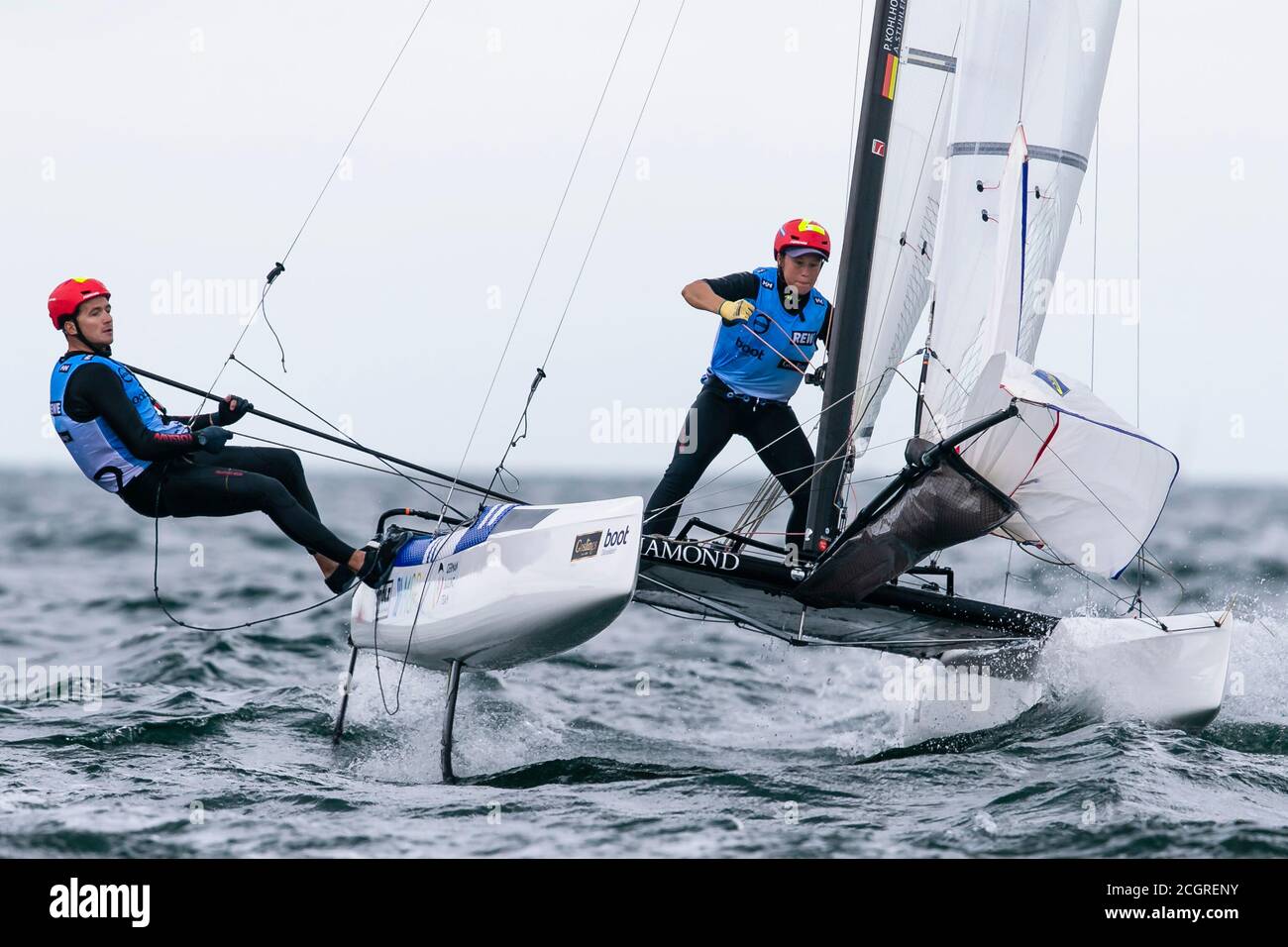 Kiel, Germany. 12th Sep, 2020. The Nacra-17-sailors Paul Kohlhoff (l) and  Alica Stuhlemmer (Kieler Yacht-Club) are on course during a race at the  126th Kieler Woche in the front places. The Kieler