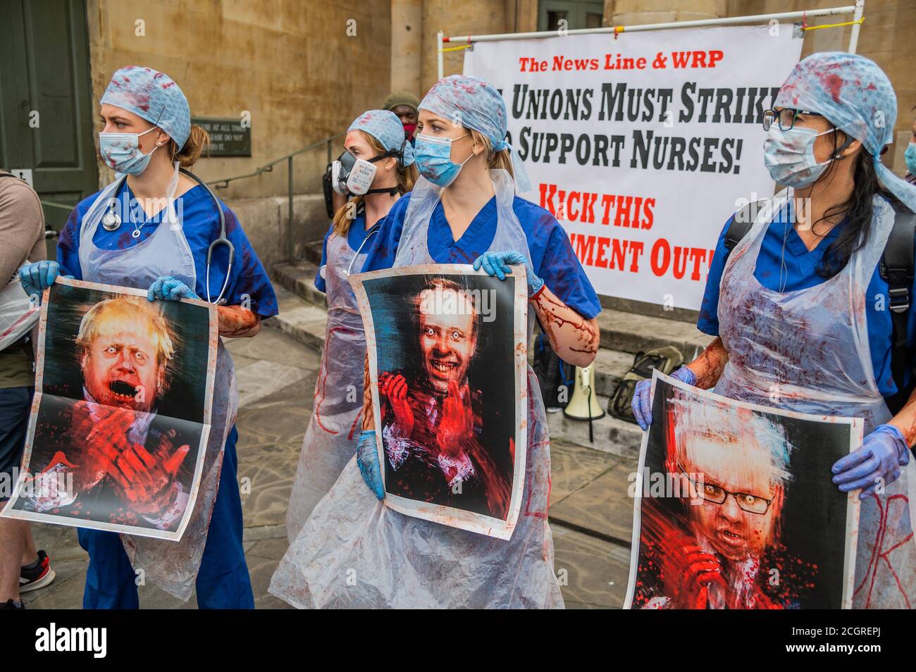 London, UK. 12th Sep, 2020. Nurses carry cartoons of Boris Johnson, Michael Gove and Matt Hancock, all with blood on their hands - NHS workers march for a 15% pay increase and to highlight the 640 deaths of colleagues as a result of the pandemic - for which they believe the governemnt has blood on its hands. They started at BBC Broadcasting House and went to Trafalgar Square. Credit: Guy Bell/Alamy Live News Stock Photo