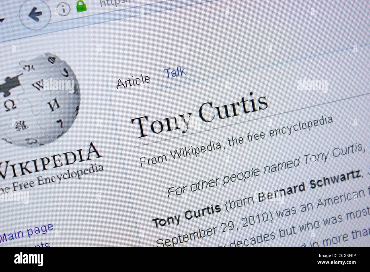 Ryazan Russia September 09 18 Wikipedia Page About Tony Curtis On A Display Of Pc Stock Photo Alamy