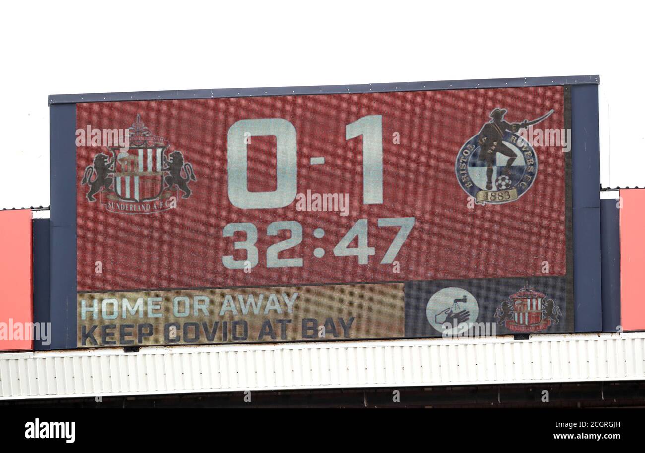 A general view of the scoreboard displaying coronavirus advice during the Sky Bet League One match at The Stadium of Light, Sunderland. Stock Photo