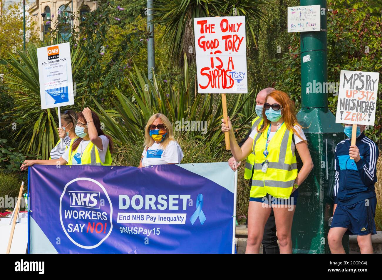Bournemouth, Dorset UK. 12th September 2020. Dorset NHS Workers Say “No” to public sector inequality after the government made their announcement to give pay rises to other public sectors, but excluded NHS nurses and junior doctors. Many NHS workers feel undervalued and demoralised, overworked and exhausted, putting  their own health and safety at risk during the Covid-19 pandemic. Credit: Carolyn Jenkins/Alamy Live News Stock Photo