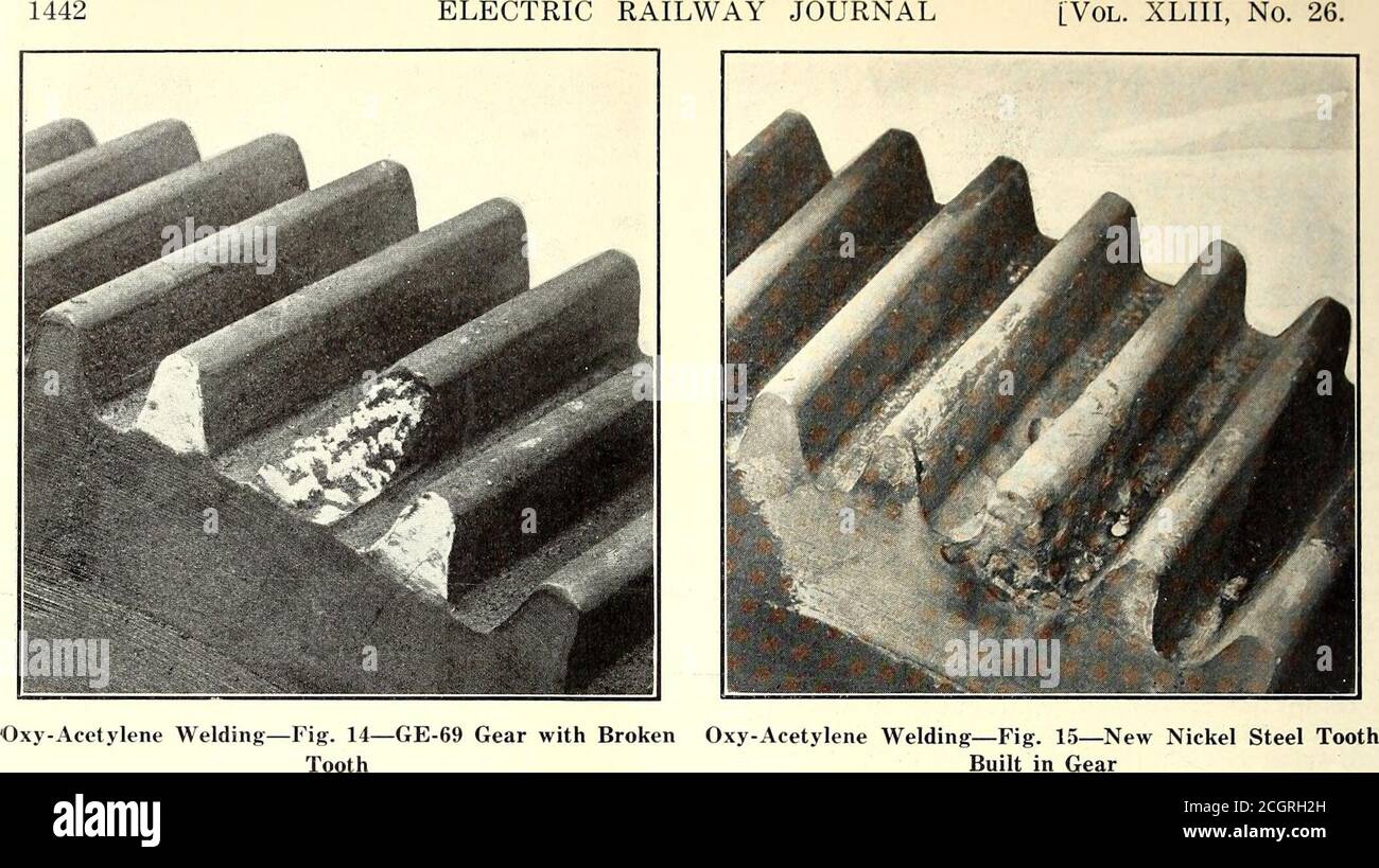. Electric railway journal . Oxy-Acetylene Welding—Fig. 13—Shaft with New Cast IronWelded in Place. that the side sills and the four center sills fell apart.The cost (labor and gas) for making the cut across thecenter of this underframe was $1.02. Fig. 17 showsthe operator at work in making a cut on one side of the18-in. side sills. All of the apparatus required for thejob is shown in view. Another job which demonstrated the large saving bythe use of the blow-pipe was that of cutting off theheads of the bolts and rivets which hold the coupleranchorages between the steel sills of 80,000-lb. cap Stock Photo