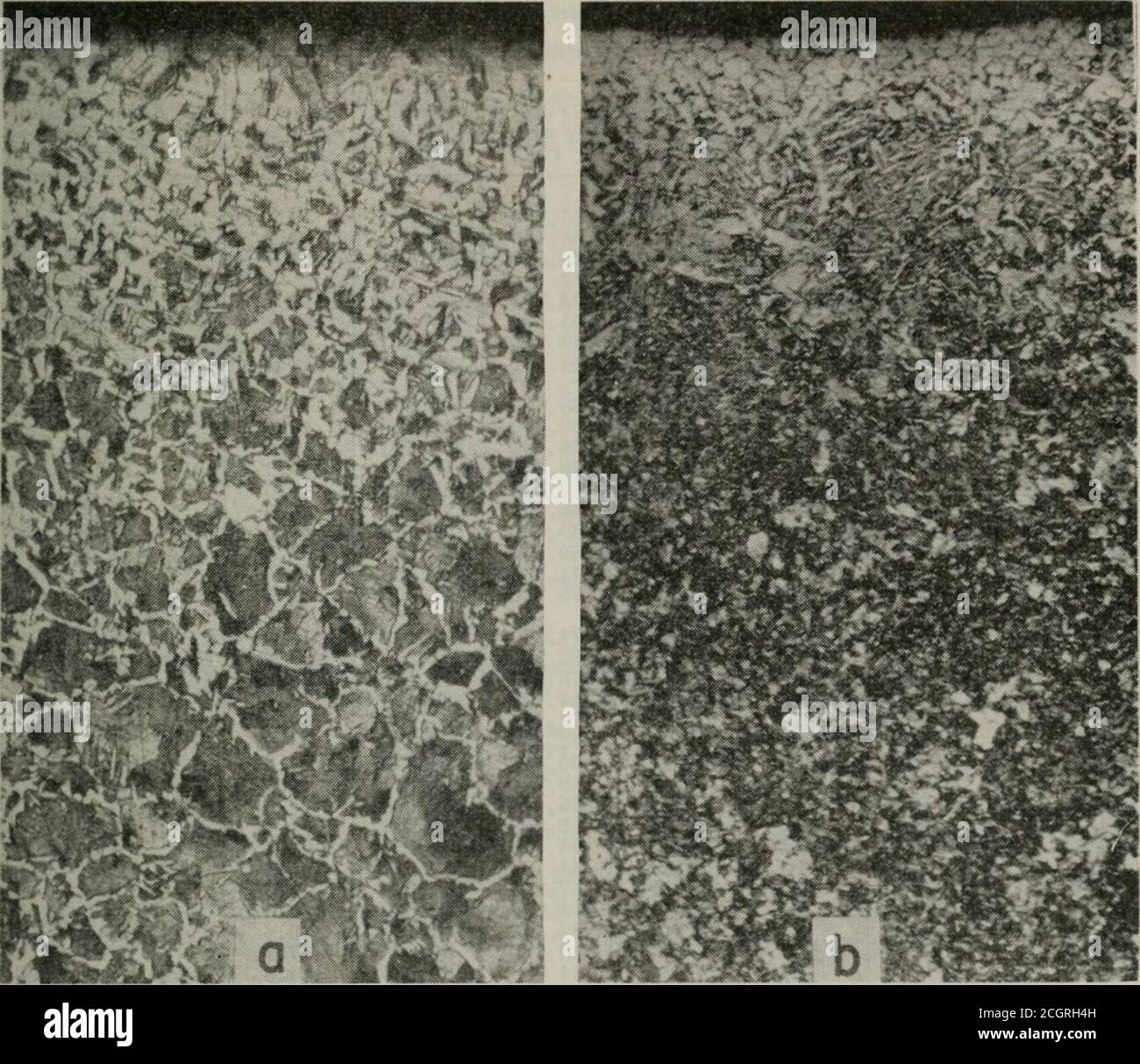 . Proceedings of the annual convention . Fig. 6—Top surface of failed bars from service showing cracks in gouges. Rail 1233. Fig. 7—Micrographs of failed bars from service. Magnification—about 70X; Etch—2 percent nital. a. Bar N36; b. Bar N42. Failed Bars from Service Eighty-five failed bars from service received for examination and testing are cov-ered in this report. All were 36-in, 6-hole, RE headfree bars, 31 for llS-lb rail sectionand 54 for 132-lb rail section, and represented 23 heats from 2 mills, 1947, 1949, 1950 and1951 rollings. Six of the bars failed from cracks originating on the Stock Photo