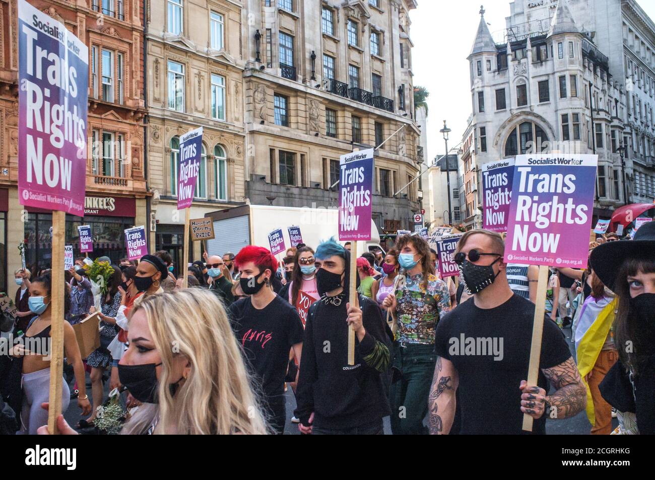 September 12th, London, UK. Trans people march through London for progressive reform of the Gender Recognition Act (the law that governs the way adult trans men and women gain legal recognition of their gender), and against transphobic rhetoric. They are campaigning for their rights to be guaranteed in the Equality Act, and are standing against political interference in healthcare for young trans people. Organisers are concerned about the recent rise in violence towards the trans+ community. This is only the second march that the group have held in London. Bridget Catterall/Alamy Live News Stock Photo