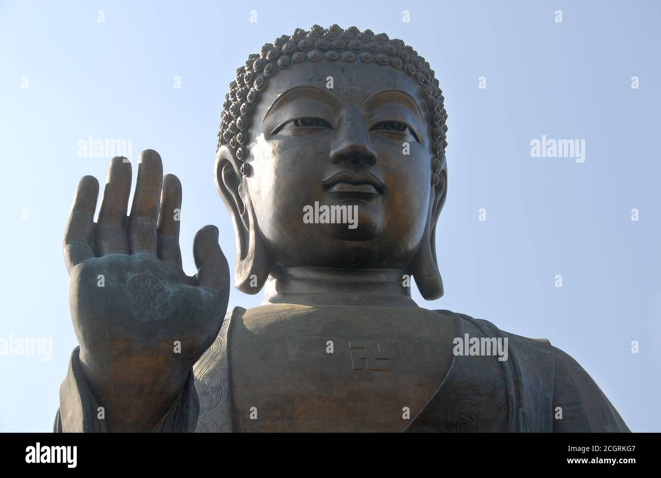 The Big Buddha or Tian Tan Buddha on Lantau Island, Hong Kong, China. The Buddha Shakyamuni statue is at Ngong Ping near Po Lin Monastery on Lantau. Stock Photo