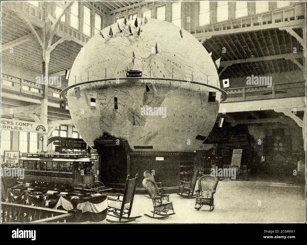 . The Street railway journal . n of 1900. Thespace behind the globe was set out with comfortable chairs for thebenefit of visitors. Here also was set up a model plant toshow the practical working of the Thomson car recordingmeter, consisting of a G. E. 800 motor, an R-11 con-controller and the necessary resistances, the car meter, fuseand a form M circuit breaker. The load was applied to the motor bymeans of a brake working on a pulley keyed to the armature shaft.Behind this plant was an instrument board, on which were exhib-ited the latest types of astatic volt and ampere meters, inclinedcoil Stock Photo