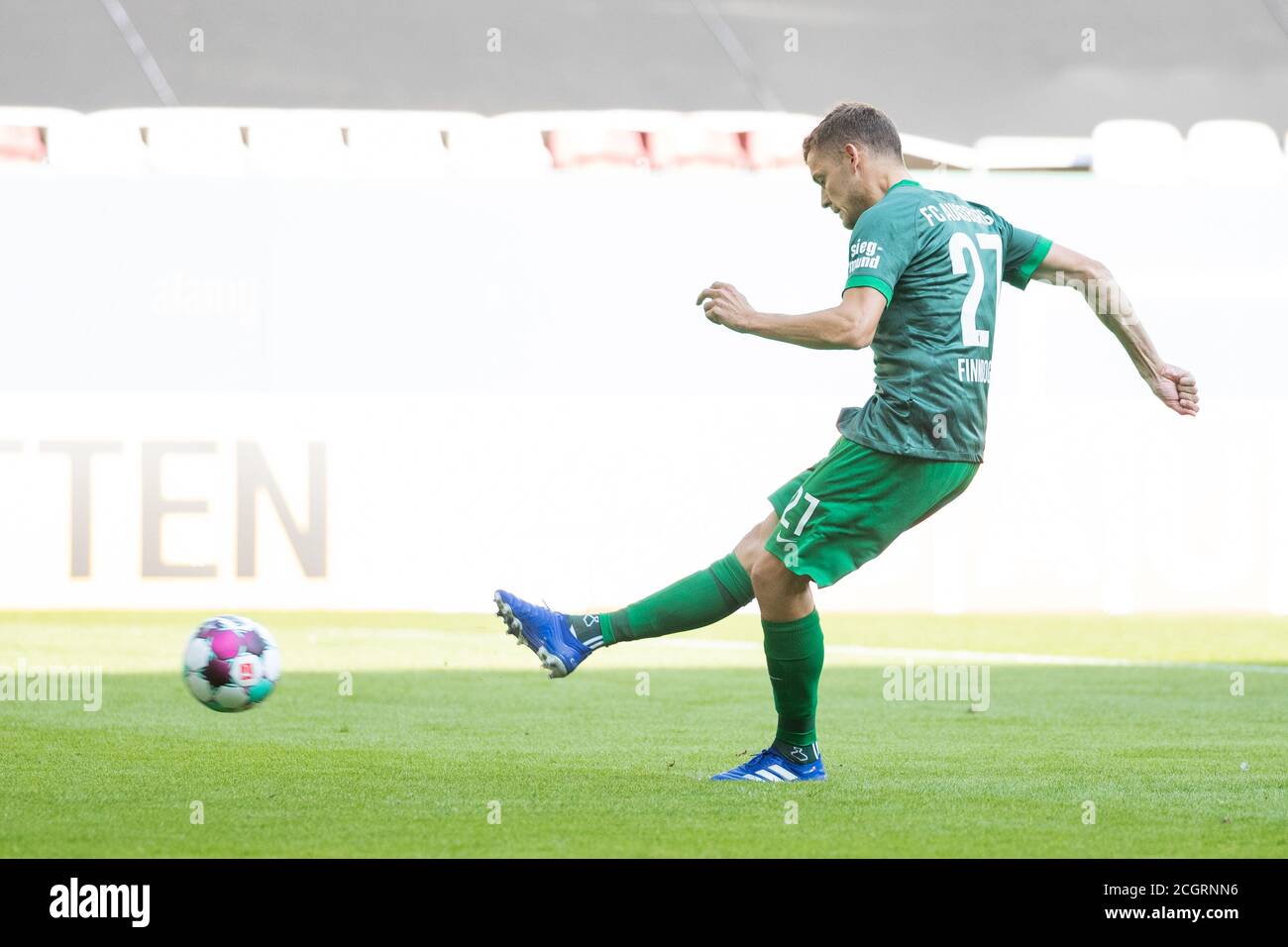 12 September 2020, Bavaria, Augsburg: Football: DFB Cup, Eintracht Celle - FC Augsburg, 1st round, WWK Arena. Augsburg's Alfred Finnbogason scores the goal for 0:3. Photo: Tom Weller/dpa - IMPORTANT NOTE: In accordance with the regulations of the DFL Deutsche Fußball Liga and the DFB Deutscher Fußball-Bund, it is prohibited to exploit or have exploited in the stadium and/or from the game taken photographs in the form of sequence images and/or video-like photo series. Stock Photo