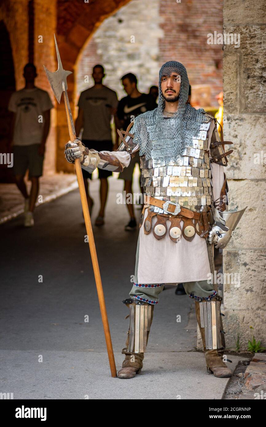 Belgrade / Serbia - September 9, 2018: Man wearing armor of a medieval