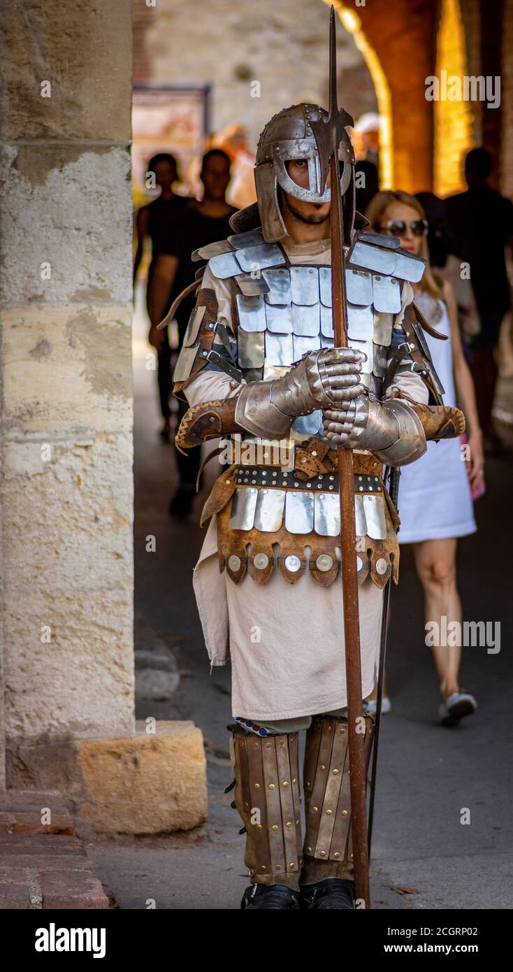 Belgrade / Serbia - September 9, 2018: Man wearing armor of a medieval