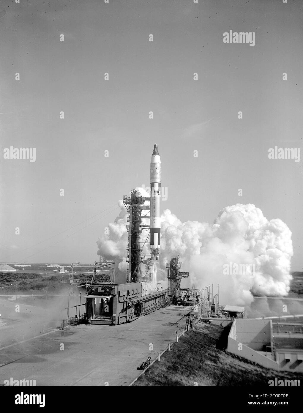 NASA launched the Gemini 5 spacecraft, August 21, 1965 at 0900 EST on a planned eight-day mission from Complex 19. Astronaut Gordon Cooper was the Command Pilot and Charles Conrad the Pilot. This was the longest manned spaceflight at the time. Stock Photo