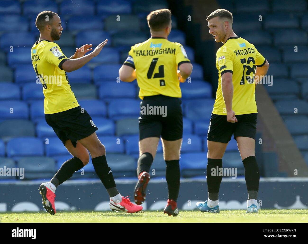 Harrogate Town's Jack Muldoon (right) celebrates scoring his side's fourth  goal of the game with his teammates during the Sky Bet League Two match at  Roots Hall, Southend Stock Photo - Alamy