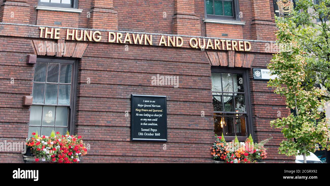 Public House, Tower Hill, London, 2018. The Hung Drawn and Quartered pub takes it's name from