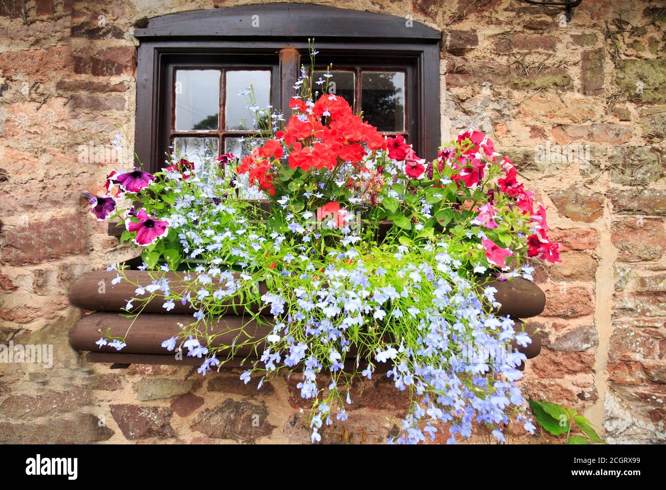 A colourful flowerbox seated on a window sill of a brick cottage Stock Photo