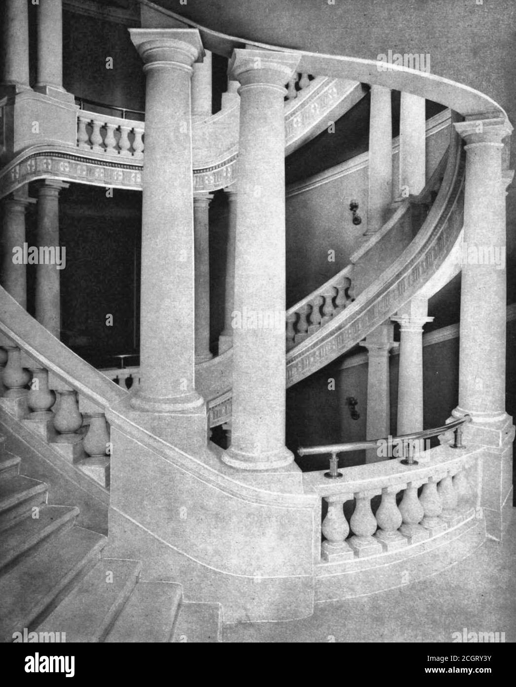 View of one of the circular main staircases of the New Theatre on Central Park West in New York City, circa 1909 Stock Photo