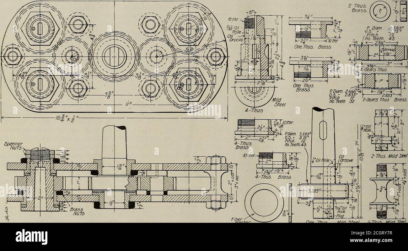 . Railway master mechanic [microform] . k, placed at the center, is of mild steel,1 13-16-in. in diameter, with a No. 5 Morse taper. Theshank is geared through an idler between the plates to fourdrill chucks, as shown in the accompanying drawing. Theattachment is used on the job of drilling and tapping thefour holes in standard eccentrics. These holes are locatedtoo close together to be drilled on a multiple spindle drill factured by the Pond Machine Tool Co., and is used ex-clusively for this work. At one side of the shop is the old rack for resting enginecabs. It is made of timber and is sup Stock Photo
