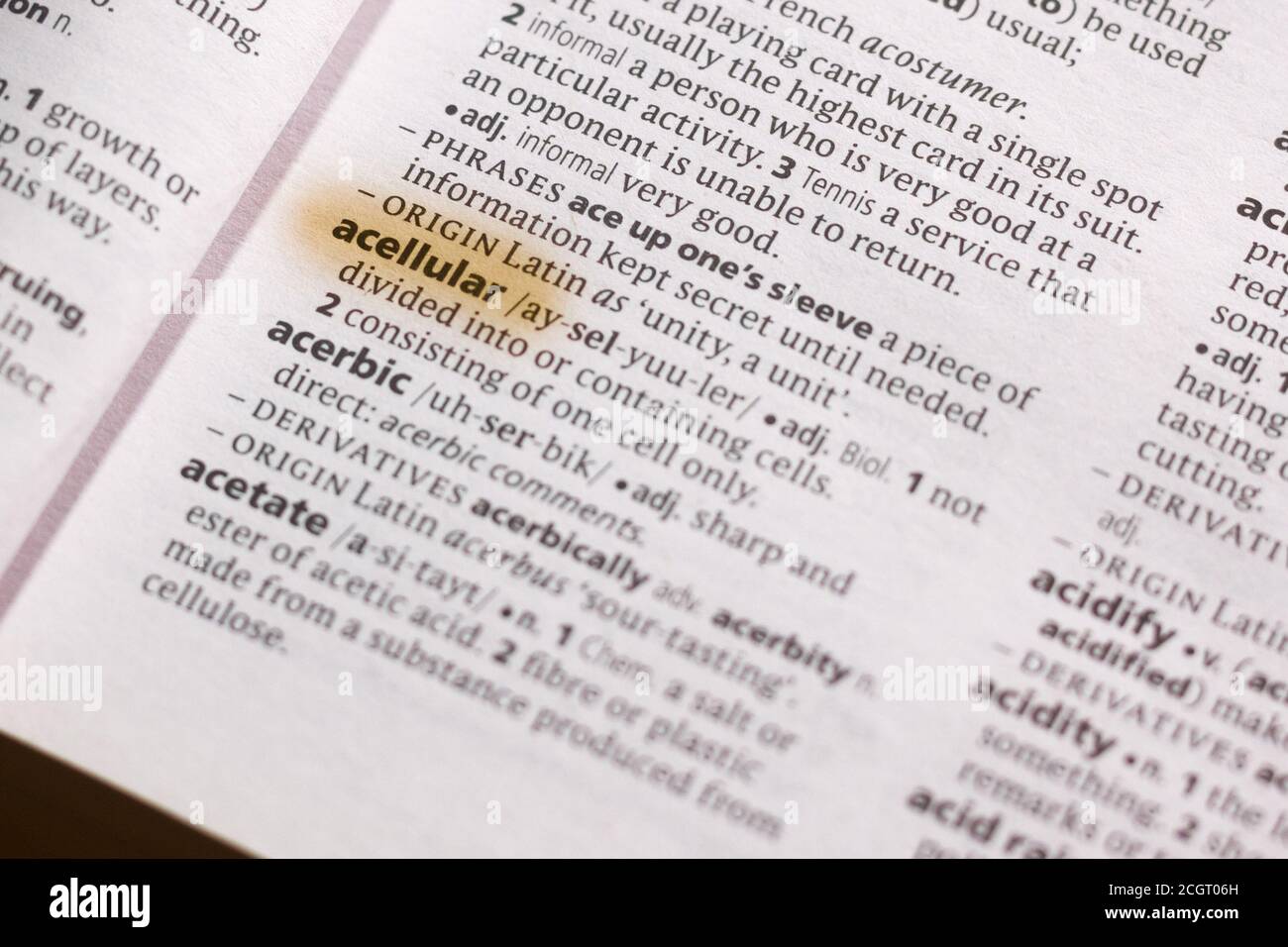 The word or phrase Acellular in a dictionary highlighted with marker. Stock Photo