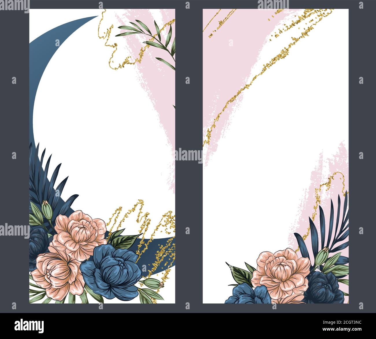 boho flowers with gold foil, Instagram Stories template. Set photo