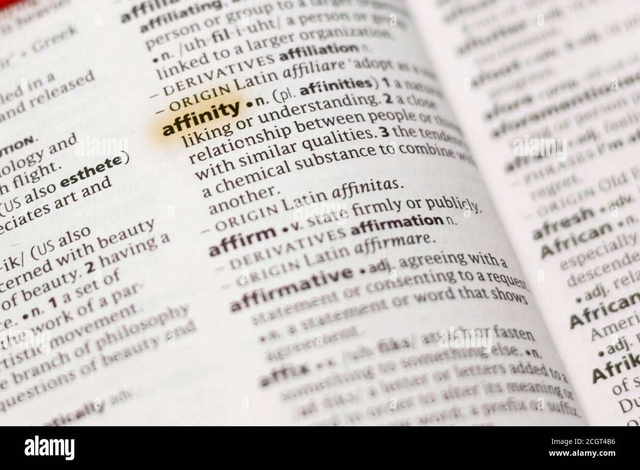 The word or phrase Affinity in a dictionary highlighted with marker ...