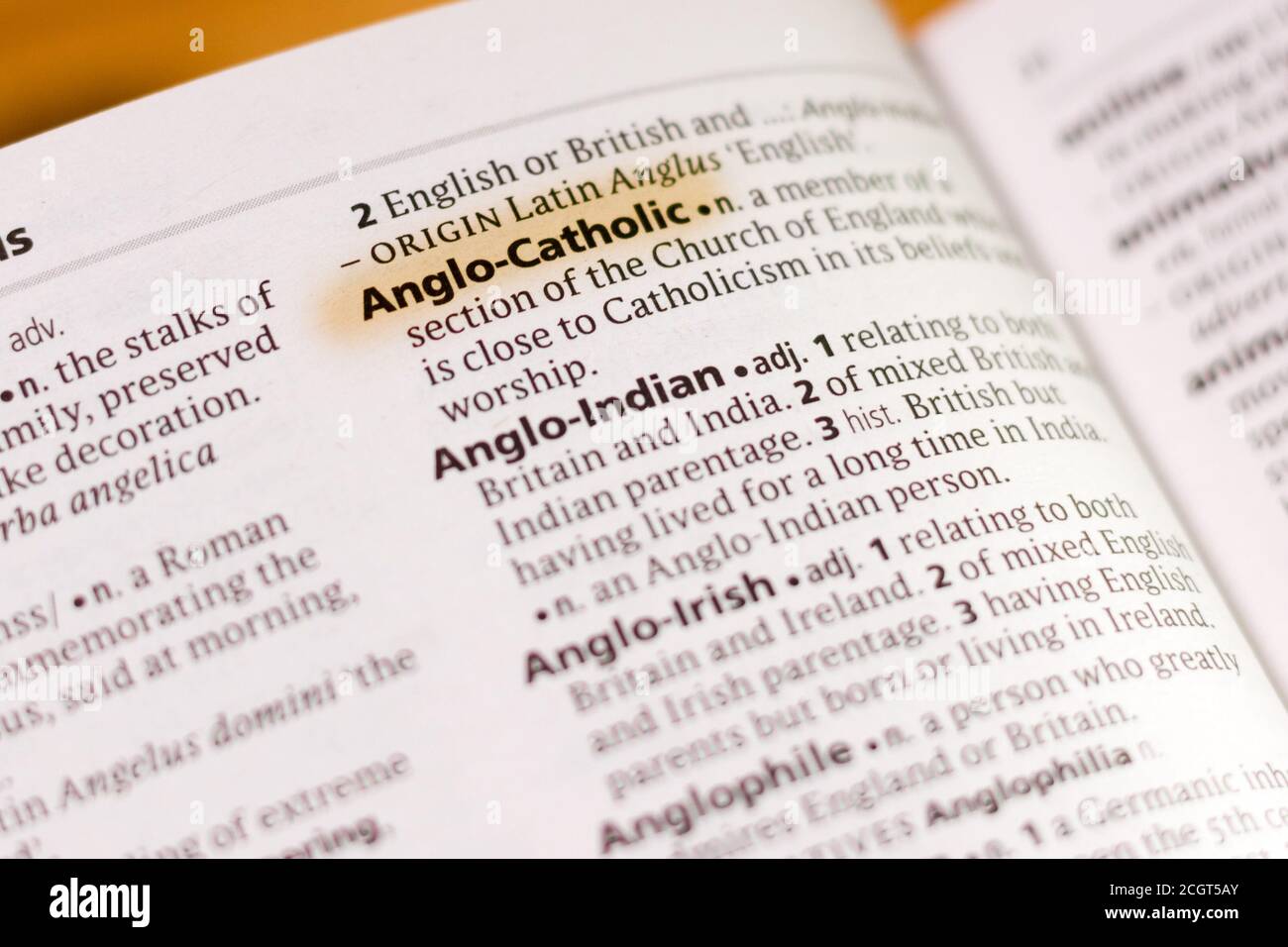 The word or phrase AngloCatholic in a dictionary highlighted with