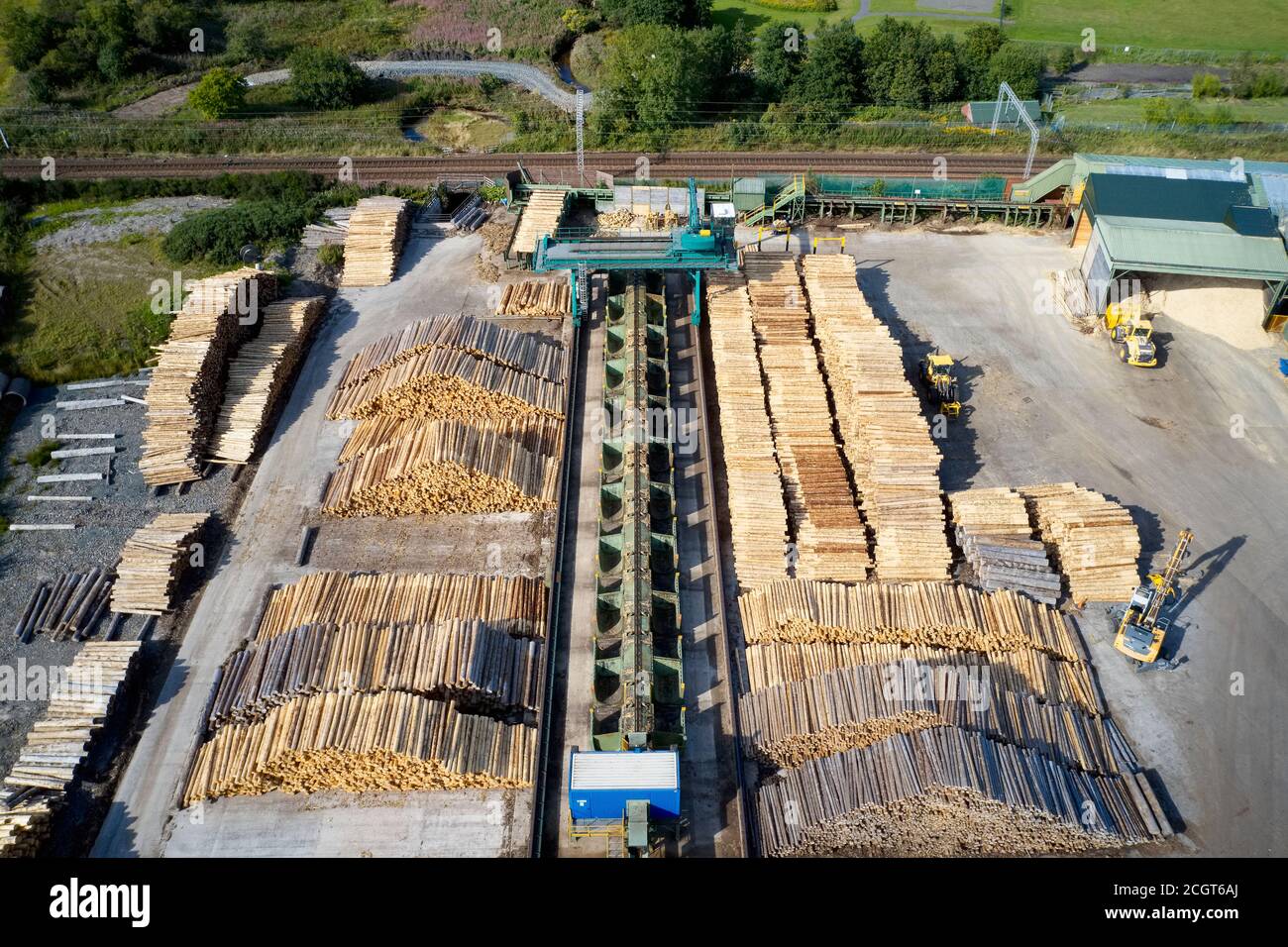 Sawmill aerial view chopped tree wood logs stacks in a row with ...