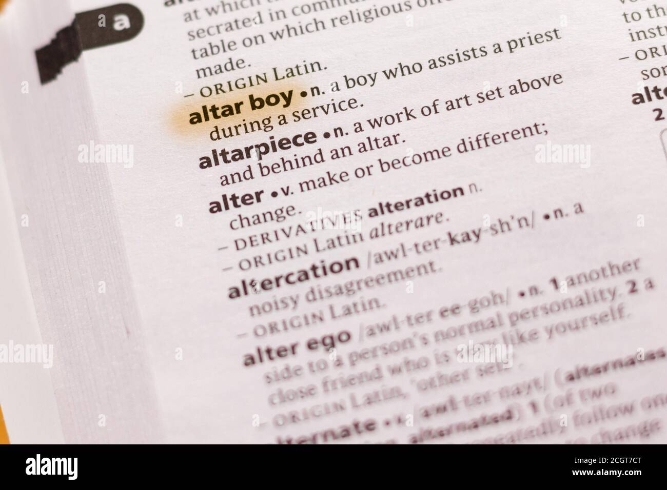 The word or phrase Altar Boy in a dictionary highlighted with marker