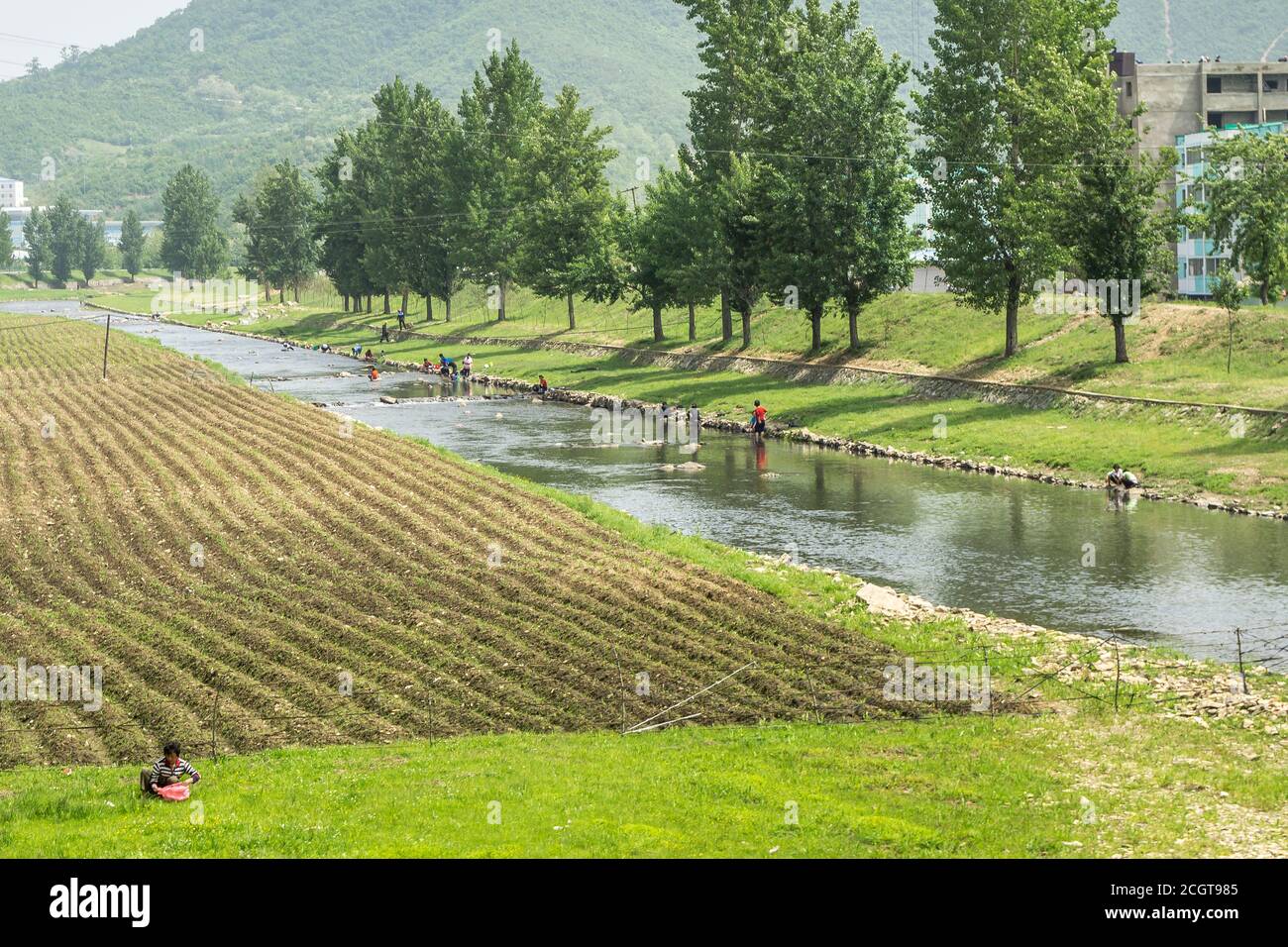 Country life on the small river in North Korea Stock Photo
