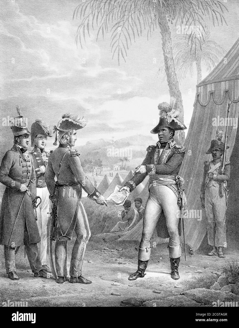 Toussaint Louverture (Toussaint L'Ouverture). British general, Sir Thomas Maitland meeting with Toussaint Louverture in Saint-Domingue in 1798 to discuss their secret treaty. Stock Photo