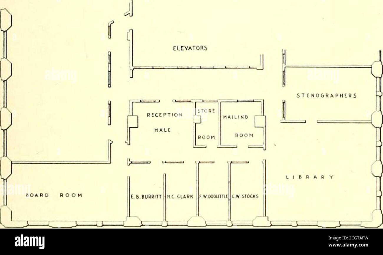 . Electric railway journal . VIEW ON WEST FORTIETH STREET, NEW YORK CITY, SHOW-ING NO. 8 AT LEFT AND ENGINEERS CLUB AT RIGHT The building is just west of Fifth Avenue, from whichbuildings are numbered east and west in New YorkCity, and opposite one end of the New York PublicLibrary, which extends from Fortieth to Forty-secondStreet on Fifth Avenue. The general layout of the. PLAN OF NEW ASSOCIATION OFFICES AT NO. 8 WESTFORTIETH STREET, NEW YORK CITY association offices on the seventh floor is shown inthe diagram printed above. In this layout the bestpossible use of the available space is made, Stock Photo