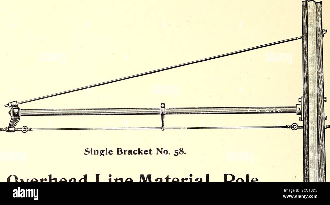 . The Street railway journal . Type C Pole Top. Single Bracket No. 58, Iron Tubular Poles, Overhead Line Material, PoleFittings, Trolley Wheels and Graphite Bushings. WORKS Cincinnati, O.Youngstown, O.Reading, Pa.Etna, Pa. SALES OFFICES : Chicago, III., 118 W. Jackson Boulevard.New York City, IS Cortlandt St.St. Louis, Mo., Seventh St. and Clark Ave.Philadelphia, Pa., 710 Girard Trust Bldg. High Tension Insulator Pins of iron and steel are rapidly displacing wood and porcelain pins Stock Photo