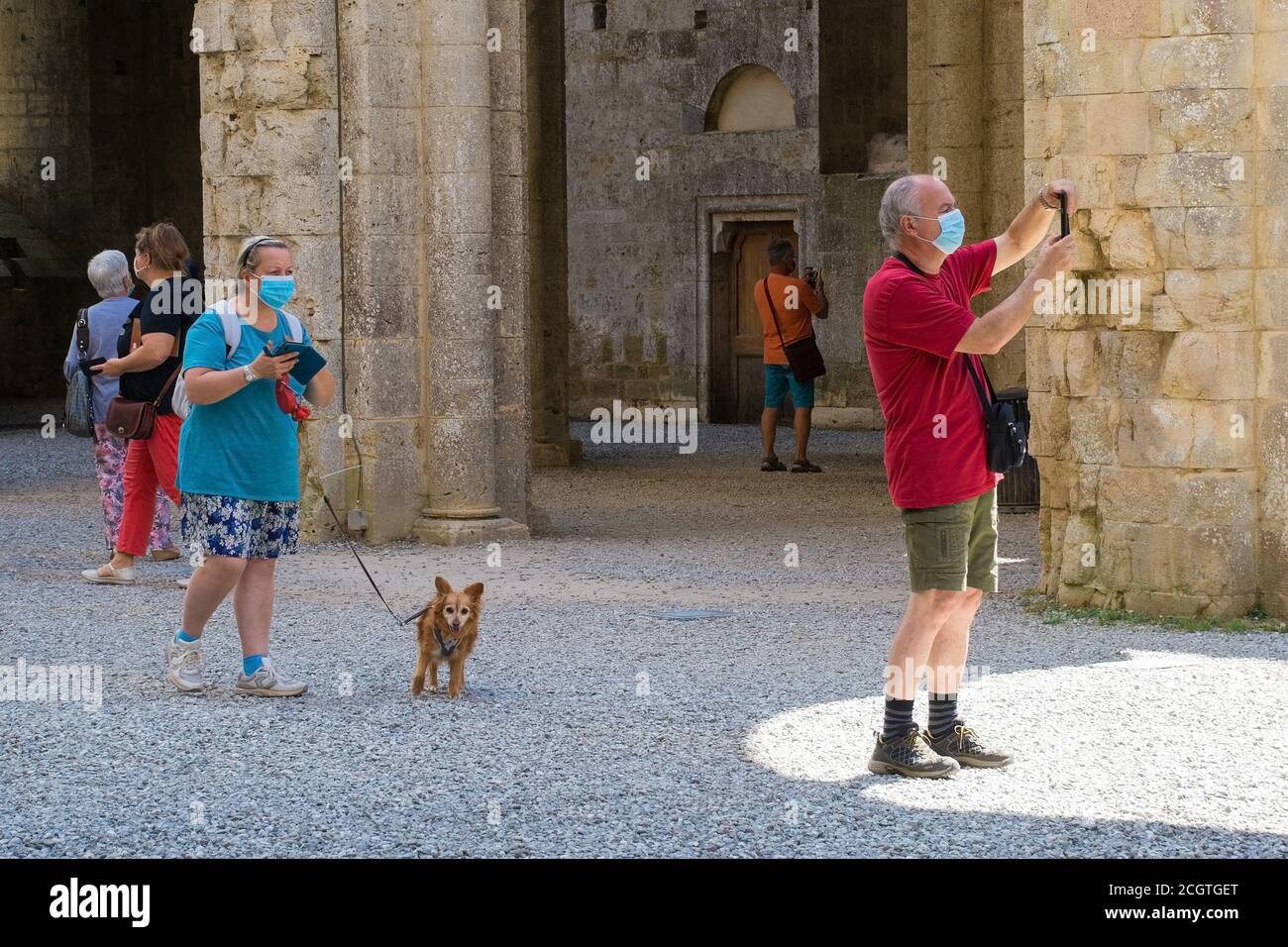 Monticiano, Italy - Sept 7th 2020. Tourists wearing masks take photos in the historic roofless 13th century gothic cistercian abbey of San Galgano Stock Photo