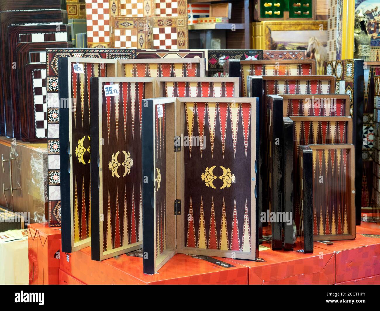Colourful Souvenir Turkish Backgammon Boards For Sale, in Egyptian Bazaar,Istanbul,Turkey Stock Photo