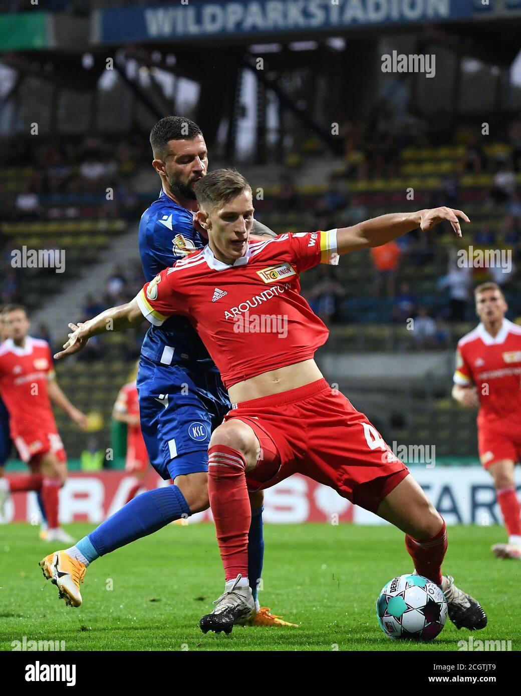 Karlsruhe, Deutschland. 12th Sep, 2020. duels, duel between Marco Djuricin ( KSC) and Nico Schlotterbeck (Union). GES/Football/DFB-Pokal: Karlsruher SC  - Union Berlin, 09/12/2020 Football/Soccer: DFB-Cup: KSC vs Union Berlin,  location, September 12, 2020