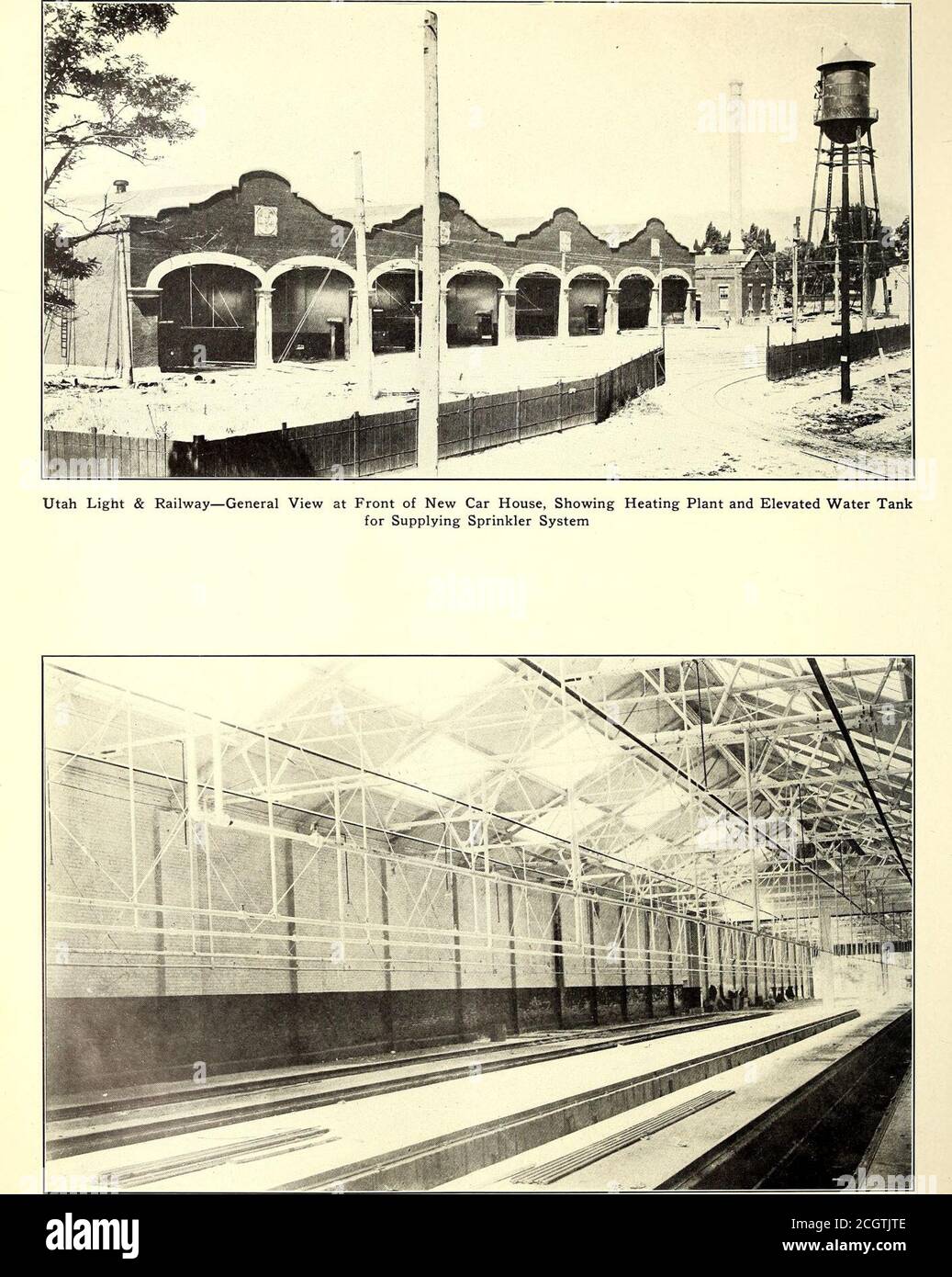 . Electric railway journal . Utah Light & Railway—Main Street, Salt Lake City, with and without Center Poles Plate XVIII. Utah Light & Railway—Interior of New Car House in Salt Lake City, Showing Skylight Arrangement and Lines of Aisle Sprinklers Plate XIX Stock Photo