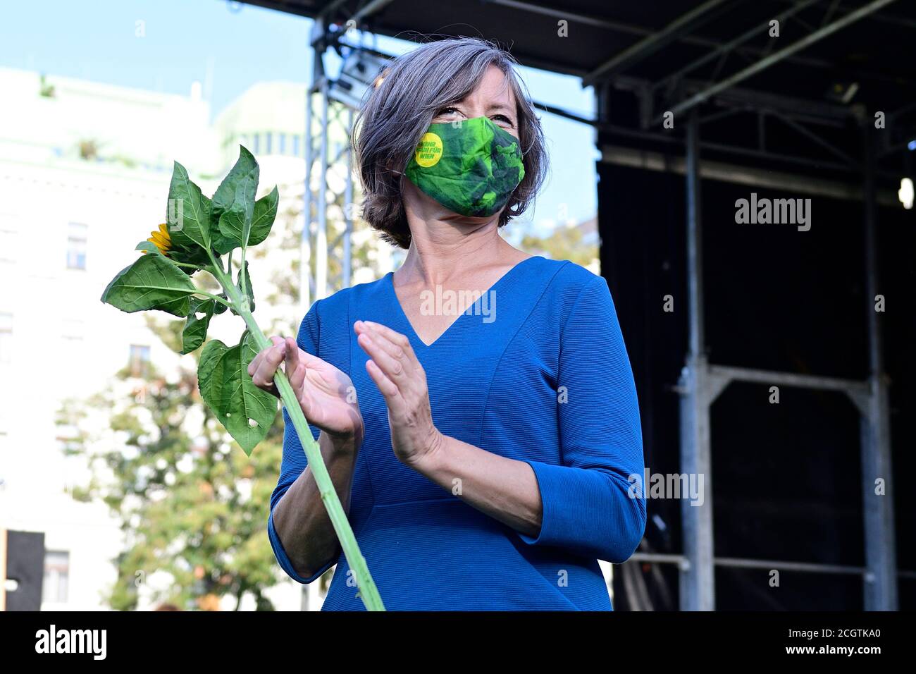 Vienna, Austria. 12th Sep, 2020. Green (Green Party Austria) Vienna's election campaign for mayoral elections on October 11, 2020 in Sigmund Freud Park. Birgit Hebein, Vice Mayor of Vienna. Stock Photo