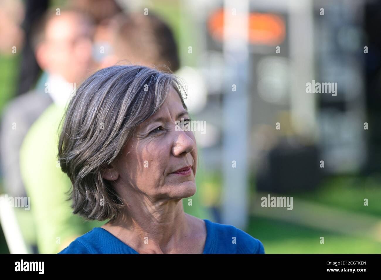 Vienna, Austria. 12th Sep, 2020. Green (Green Party Austria) Vienna's election campaign for mayoral elections on October 11, 2020 in Sigmund Freud Park. Birgit Hebein, Vice Mayor of Vienna. Stock Photo