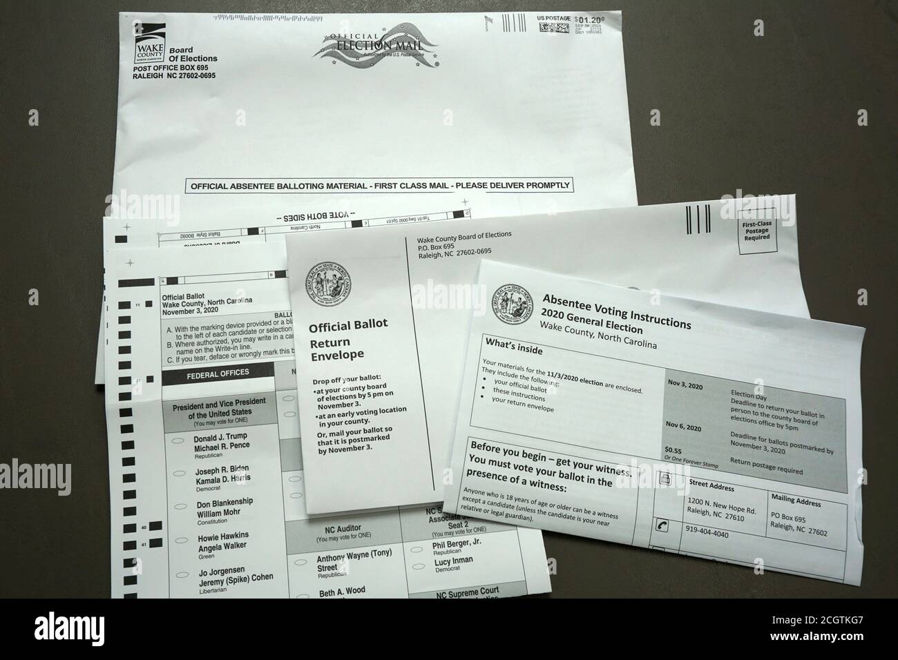 Absentee Ballot with voting instructions for Wake County North Carolina Stock Photo