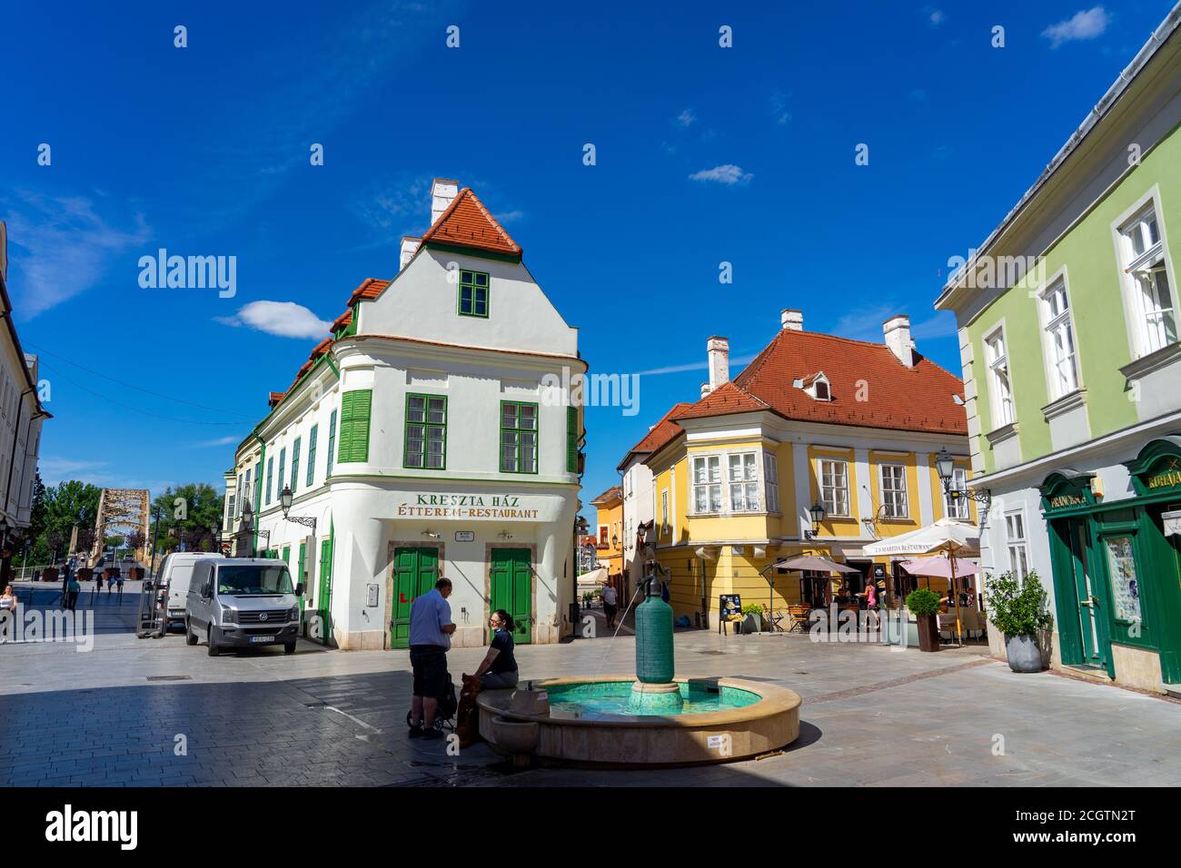 Gyor, Hungary - 08.25.2020: Historical downtown of Gyor with people on the street Stock Photo