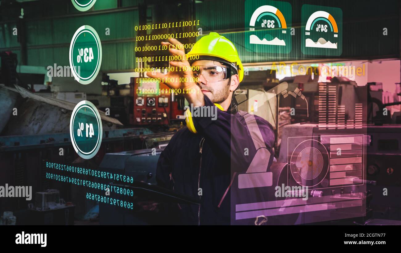 Factory worker use future holographic screen device to control