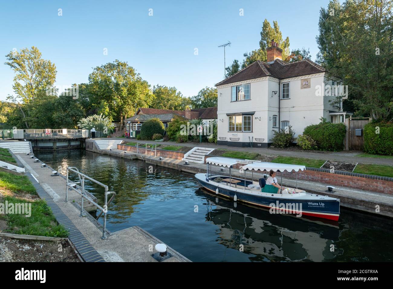 The lock at Marlow, a picturesque market town in Buckinghamshire, England, UK, on the River Thames Stock Photo