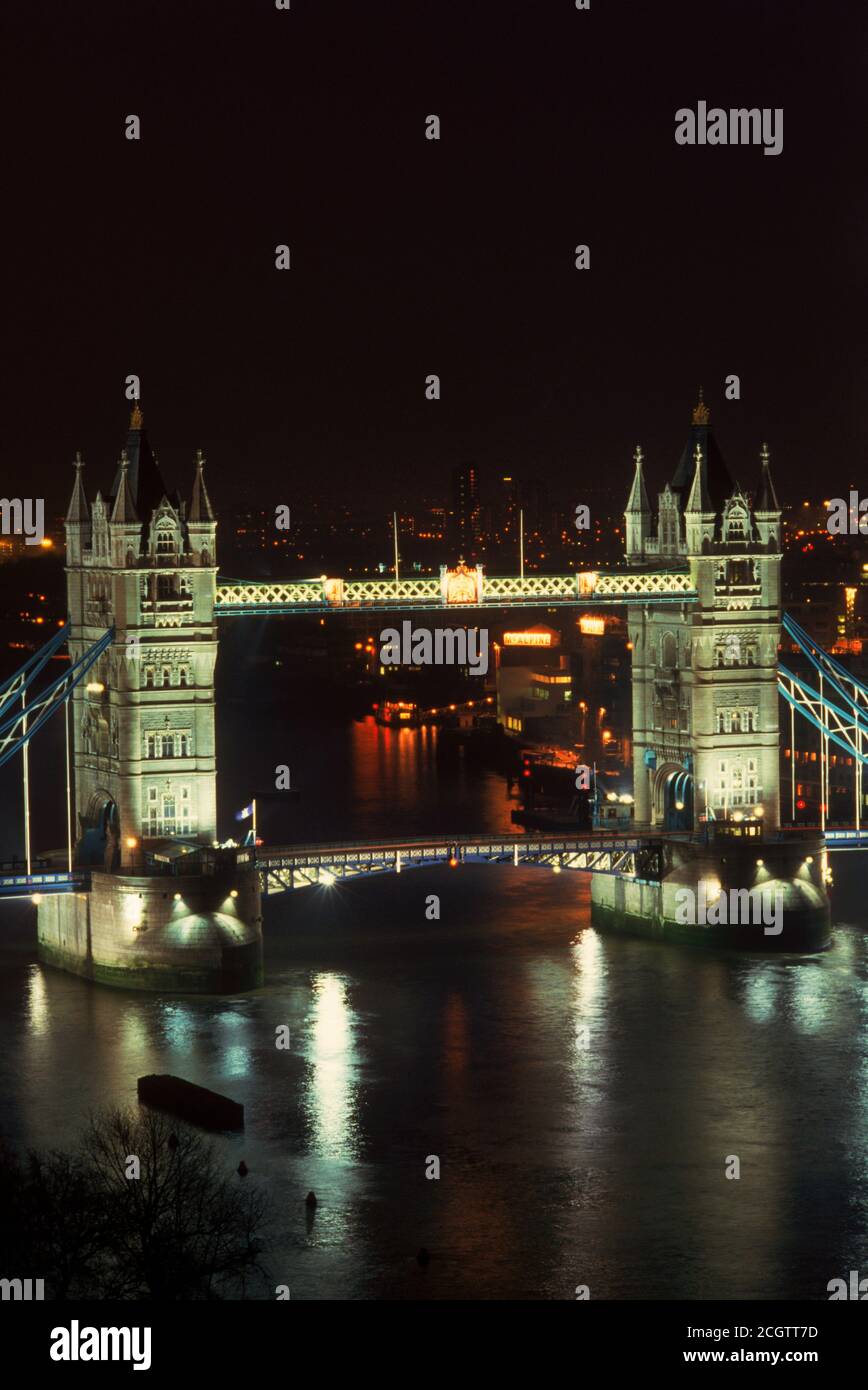Tower Bridge over River Thames at night from above Stock Photo