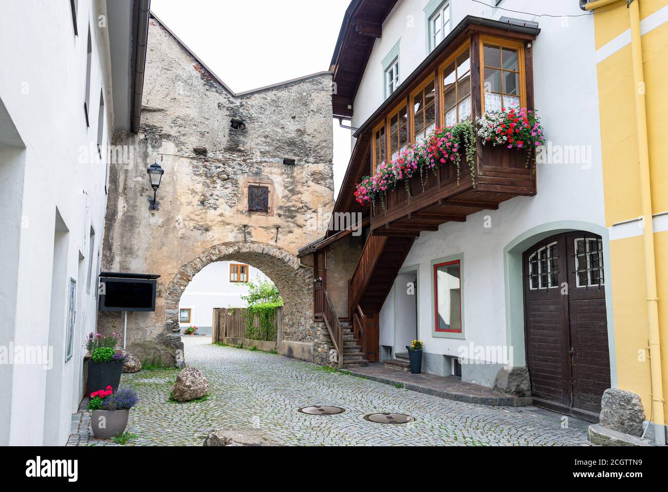 Old street and gate in the historic town of Gmünd in Kärnten, Austria Stock Photo