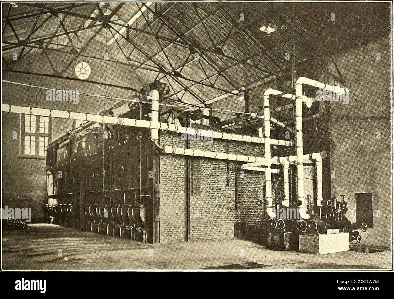 . The Street railway journal . per hour with asteam pressure of 160 lbs. per squareinch rating condensing with a vacuumof 26 ins. at the engine is as fol- o^^S ■■ Pounds. Full load 12.2 Three-quarter load 12.3 Half load 13.i A patent forced lubricating sys-tem is fitted to all working parts,consisting of a valveless pumpworked direct for the crankshaftwith adjusting valves fitted in theengine bedplate. The fly - wheel,which is of cast iron, has a diameterof 8 ft. 5 ins. and weighs approxi-mately 9 tons. The total weight ofthe engine, exclusive of fly-wheel, isapproximately 50 tons. GENERATORST Stock Photo