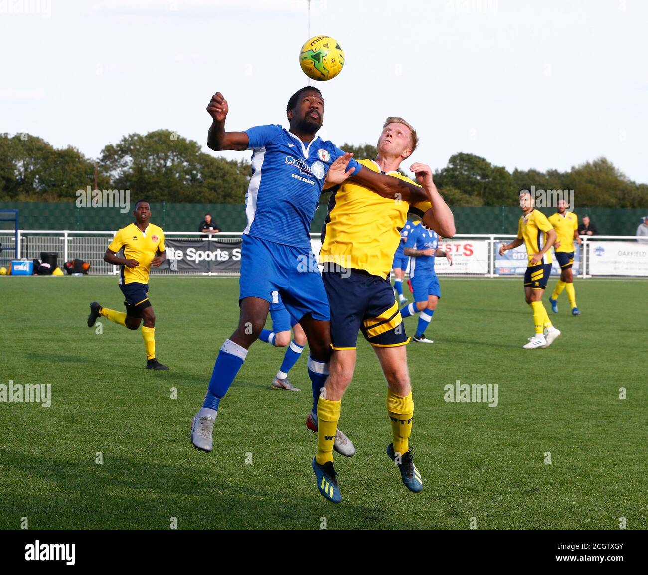 Aveley, UK. 01st Feb, 2018. SOUTHEND, ENGLAND - SEPTEMBER 12: l-r Darelle Russell of Greys Atheltic and Oliver Emsden of Witham Town during FA Cup - Preliminary Round between Grays Athletic and Witham Town atParkside, Park Lane, Aveley, UK on 12th September 2020 Credit: Action Foto Sport/Alamy Live News Stock Photo