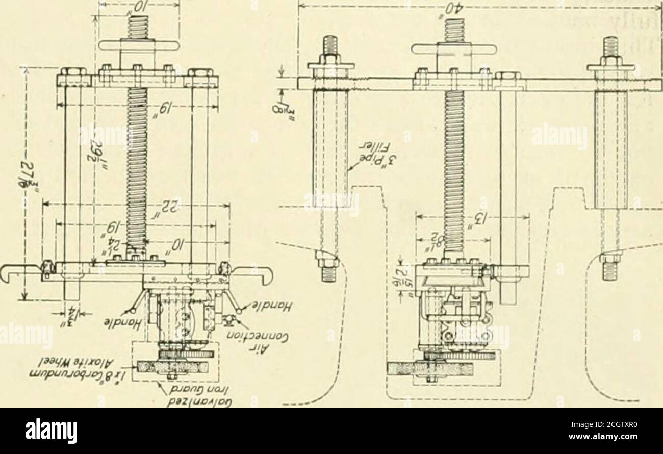 . Railway mechanical engineer . hinery and onedevice was designed to machine the jaws by means of aportable milling machine. The two objections to this devicewere its lack of rigidity and the danger of removing too much metal. Obviously the best method would be to use someform of grinding machine which would cut no matter howhard the surface and remove only enough material to true upthe jaws. The machine illustrated in Figs. 10 and 11 wasdevised for this purpose. As shown in the illustrations,power is supplied by means of an air motor driving a 1 in.Iiy 8 in. grinding wheel through one pair of Stock Photo